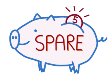 Sketchnote: Seitenansicht eines Sparschweins, dieses blickt nach links / Text "spare" / im Münzeinwurf ist eine Münze mit der Zahl 5 zu sehen